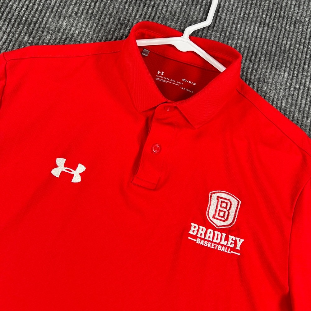 Bradley Braves Polo Shirt Mens Medium Red Under Armour NCAA Basketball Loose Fit